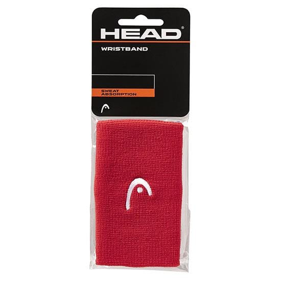 The HEAD 5" Badminton Wristband - Red is neatly packaged in a clear plastic bag, perfect for sweat absorption during intense badminton matches, with the brand logo and product name prominently displayed at the top.