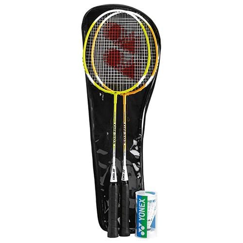 The Yonex GR505 Badminton Racket Set - Orange Yellow includes two rackets, a tube of Yonex shuttlecocks, and a black carrying case—ideal for recreational play.