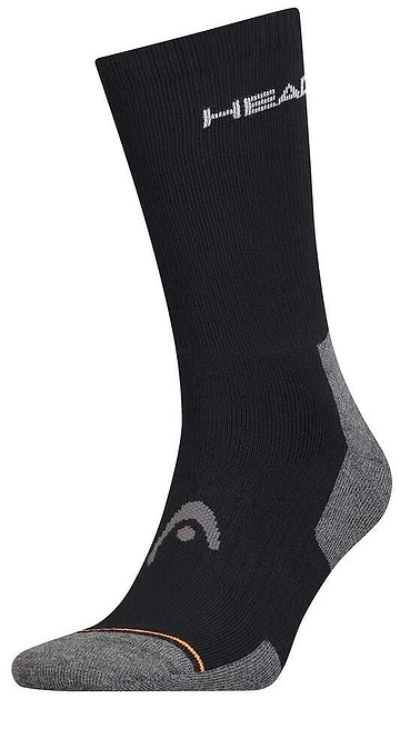 Displayed at an angle, the black HEAD Crew Athletes Badminton Sock features its brand logo at the top and a curved pattern near the ankle for exceptional arch support.