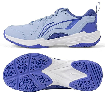 Li-Ning Almighty V2.0 Unisex Badminton Shoes in Lilac/White are shown, featuring a side view that highlights the brand’s design and logo, plus a bottom view revealing a flexible, patterned sole for excellent grip.