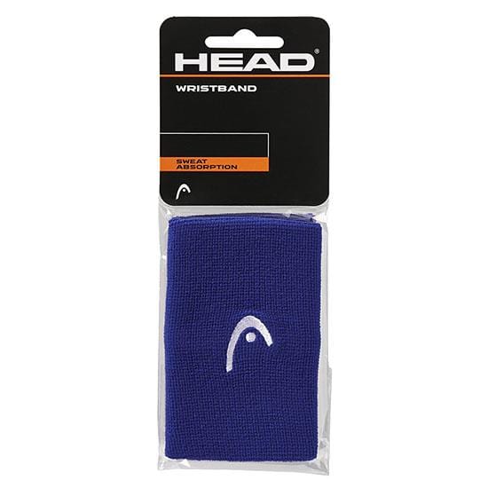A packaged HEAD 5" Badminton Wristband - Blue, a versatile sports accessory featuring a white logo prominently displayed on the front. The packaging highlights its "sweat absorption" qualities and prominently shows the HEAD brand name at the top, making it an ideal choice for badminton enthusiasts seeking both performance and style.