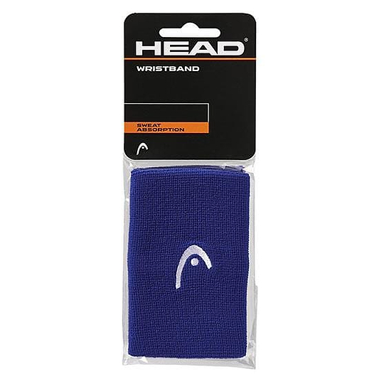 A packaged HEAD 5" Badminton Wristband - Blue, a versatile sports accessory featuring a white logo prominently displayed on the front. The packaging highlights its "sweat absorption" qualities and prominently shows the HEAD brand name at the top, making it an ideal choice for badminton enthusiasts seeking both performance and style.