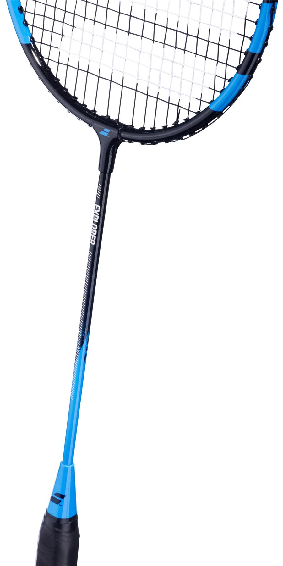 The Babolat Explorer 2026 Badminton Racket in blue and black features a sleek design for easy power, ideal for beginners; photographed on a white background.
