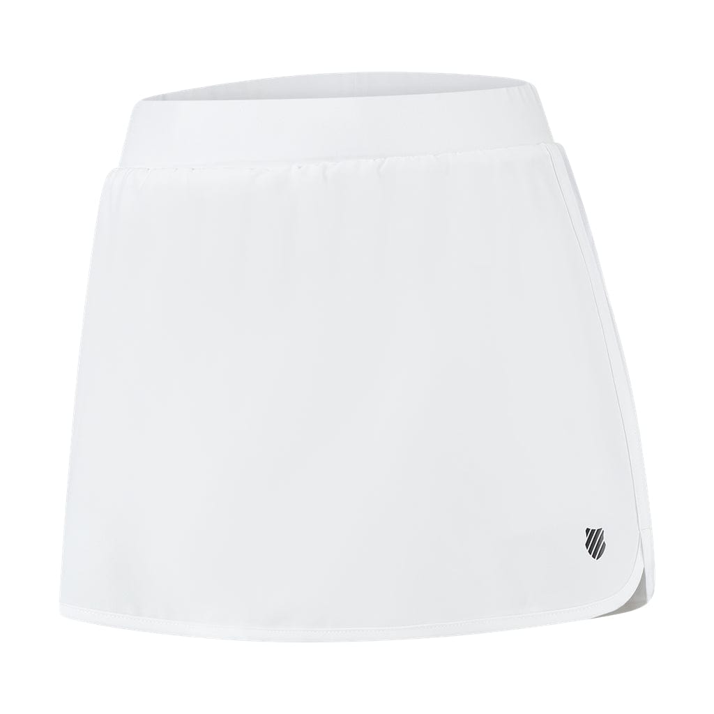 K-Swiss Tac Hypercourt Pleated Badminton Skirt 4 in white features a wide waistband and a discreet black stripe logo near the hem. Its lightweight, smooth 4-Way Density Stretch fabric is perfect for both sports and casual wear, reminiscent of the signature K-Swiss style.