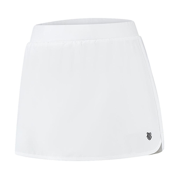 K-Swiss Tac Hypercourt Pleated Badminton Skirt 4 in white features a wide waistband and a discreet black stripe logo near the hem. Its lightweight, smooth 4-Way Density Stretch fabric is perfect for both sports and casual wear, reminiscent of the signature K-Swiss style.