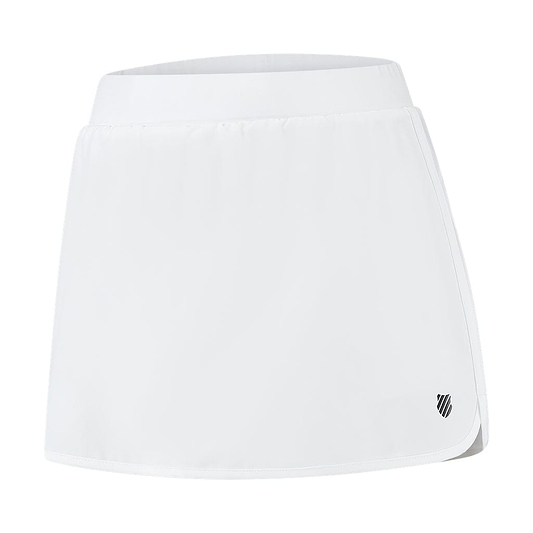 K-Swiss Tac Hypercourt Pleated Badminton Skirt 4 in white features a wide waistband and a discreet black stripe logo near the hem. Its lightweight, smooth 4-Way Density Stretch fabric is perfect for both sports and casual wear, reminiscent of the signature K-Swiss style.