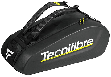 The Tecnifibre Reform L Badminton Racket Bag in black features a durable EVA hardshell, adjustable shoulder straps, yellow accents, and white and yellow Tecnifibre branding on the side.