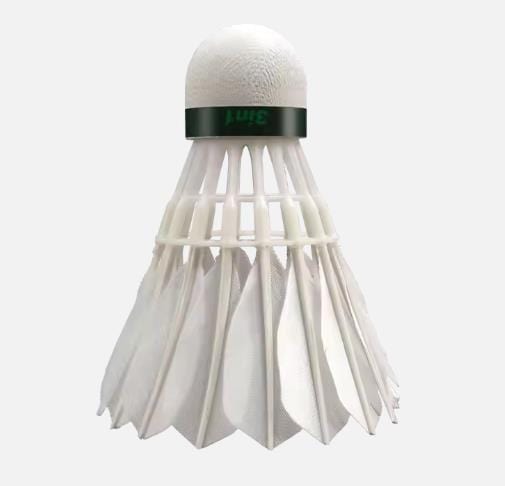 The Ashaway Dmantis D41 Hybrid Badminton Feather Shuttlecock features a rounded cork tip and overlapping feather skirt, shown against a light background—ideal for players seeking quality hybrid shuttlecocks from Ashaway.