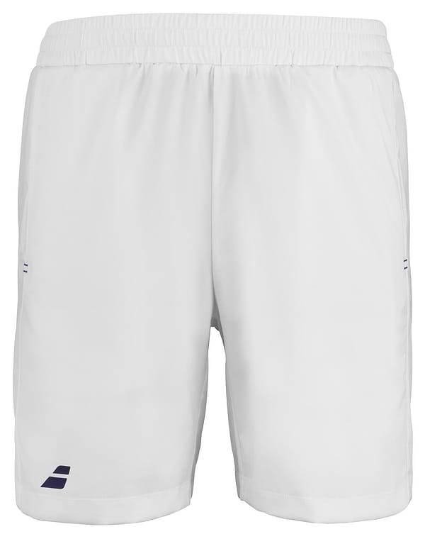 The Babolat Play Men's Badminton Shorts in white are crafted from recycled polyester and come with an adjustable waistband. They are accented with a small navy logo on the lower left side for a sporty flair.