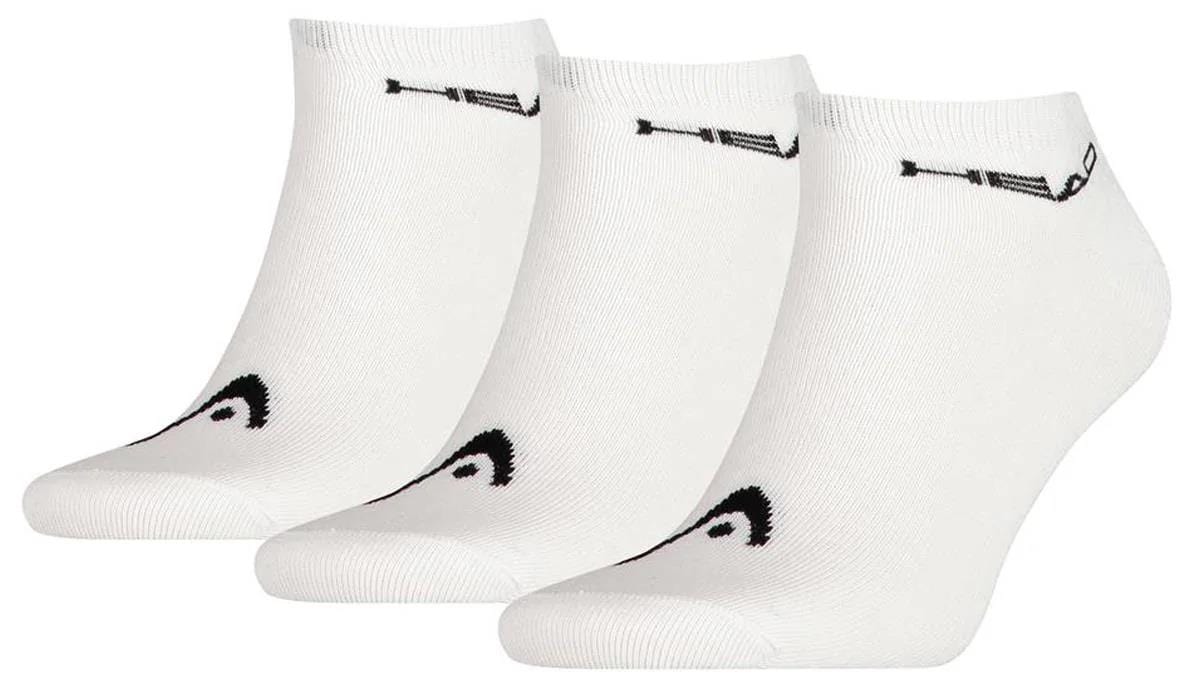 Three HEAD Sneaker Badminton Socks from a 3-pack, white with black logos at the toes and cuffs, made from a soft cotton blend for maximum comfort, displayed side by side.