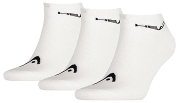 Three HEAD Sneaker Badminton Socks from a 3-pack, white with black logos at the toes and cuffs, made from a soft cotton blend for maximum comfort, displayed side by side.