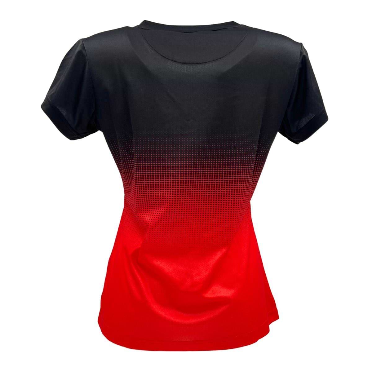The back of the Yonex YTL5 Women's Badminton T-Shirt features impressive moisture-wicking polyester. This short-sleeved shirt by Yonex boasts advanced fabric technology with a striking gradient from black on the shoulders to red at the bottom and a dotted pattern in between.