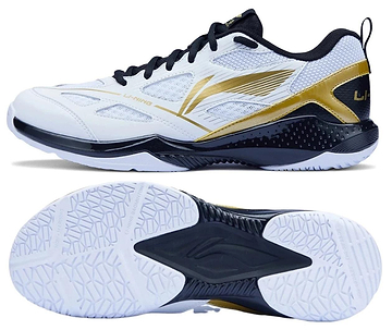 The Li-Ning Blast JF-01 Lite Unisex Badminton Shoes in white, black, and gold feature gold accents, a mesh upper for style, lightweight design, and a high-traction outsole—shown from side and bottom views.