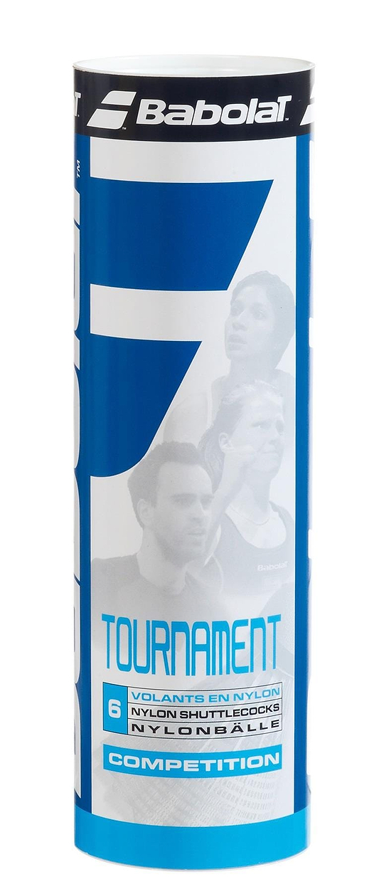 A cylindrical container of Babolat Nylon Tournament Shuttles - White, showcasing the brand logo and images of badminton players. The blue and white packaging indicates it holds six nylon shuttlecocks designed for competitive play, which are known to last longer than traditional feather shuttlecocks by reducing damage.
