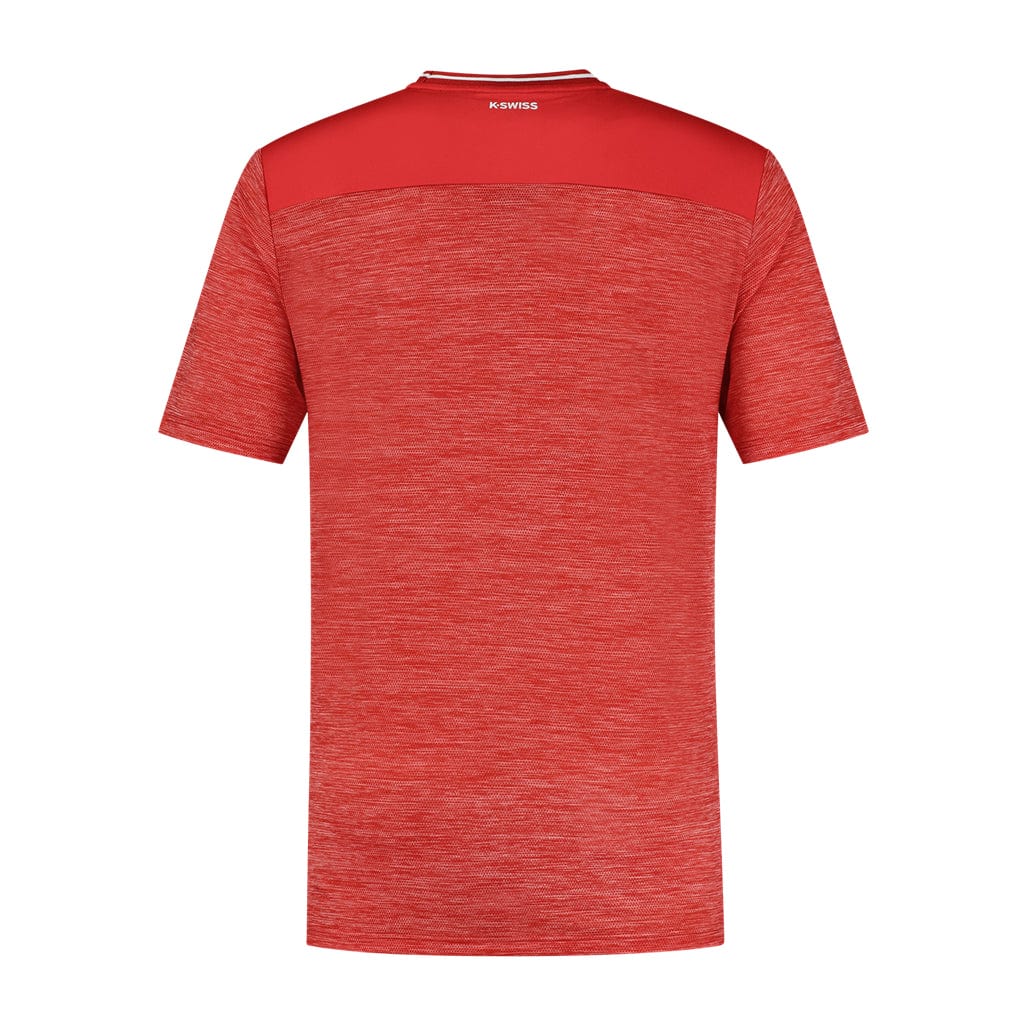 The K-Swiss Tac Hypercourt Badminton T-Shirt in Lollipop Melange provides a sporty and timeless look with its smooth red panel across the shoulders. This shirt is adorned with a small "K-SWISS" logo near the collar and is crafted from lightweight fabric, making it ideal for both sports and casual wear.