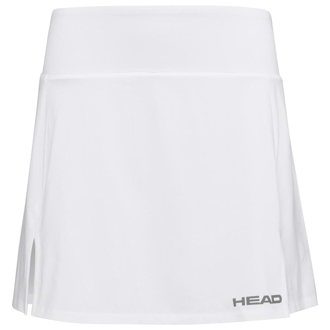The HEAD Women's Club Basic Badminton Skort Long in white showcases a sleek waistband and a delicate side slit. Made with HEAD Sportswear MXM, it utilizes Moisture Transfer Microfibre Technology, and features the brand name "HEAD" tastefully printed in gray at the bottom corner.