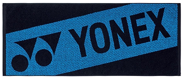 The Yonex AC1113EX Badminton Sports Towel - Black is a rectangular cotton towel with a blue background and black Yonex logo diagonally across the center—ideal for use on the court.
