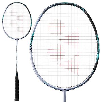 The Yonex Astrox 88S Game 4U Gen 3 2024 Badminton Racket features a stylish silver and black frame accented with vibrant teal highlights. Crafted for intermediate players, the strings create a dramatic red logo pattern in the center, and the handle is wrapped with a comfortable black grip tape.