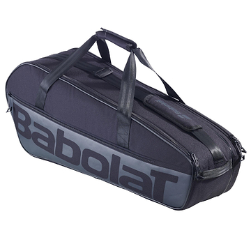 The Babolat Court M 6 Racket Badminton Bag in black, made from recycled PET, features dual handles, a shoulder strap, a racket compartment, multiple sections, and prominently displays the Babolat name on the side.