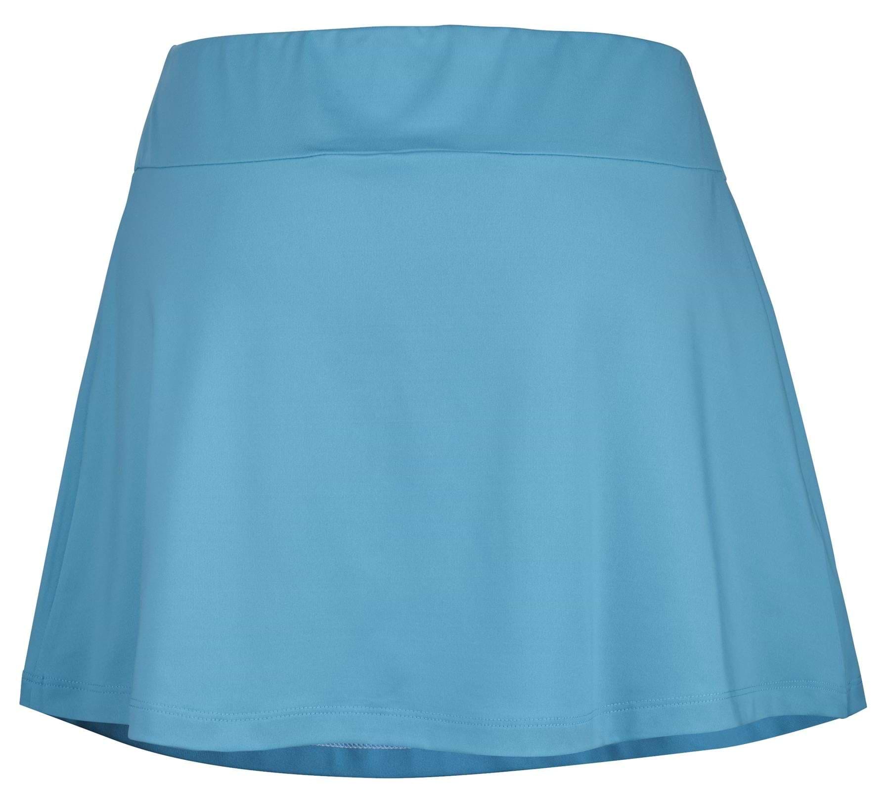 The Babolat Play Women's Badminton Skirt in Cyan Blue features an A-line design with a wide waistband, made from recycled polyester, and is showcased against a white background.