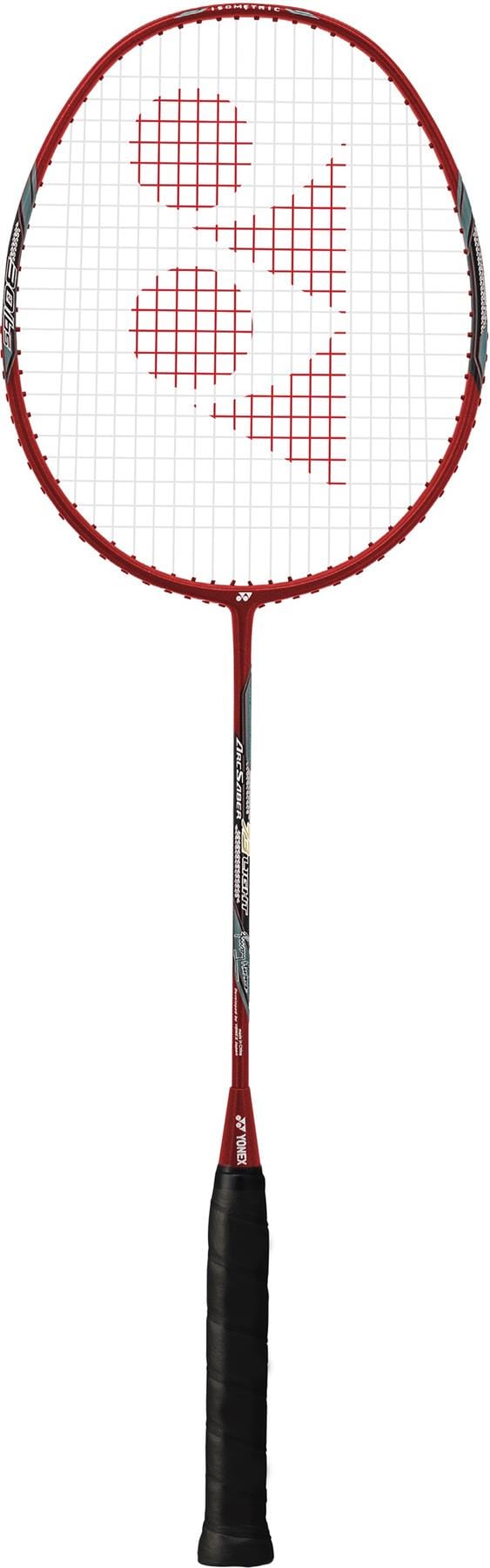 A Yonex Arcsaber 73 Light 5U Badminton Racket in Ruby Red with a black grip, featuring a red logo on the strings, is shown against a white background.