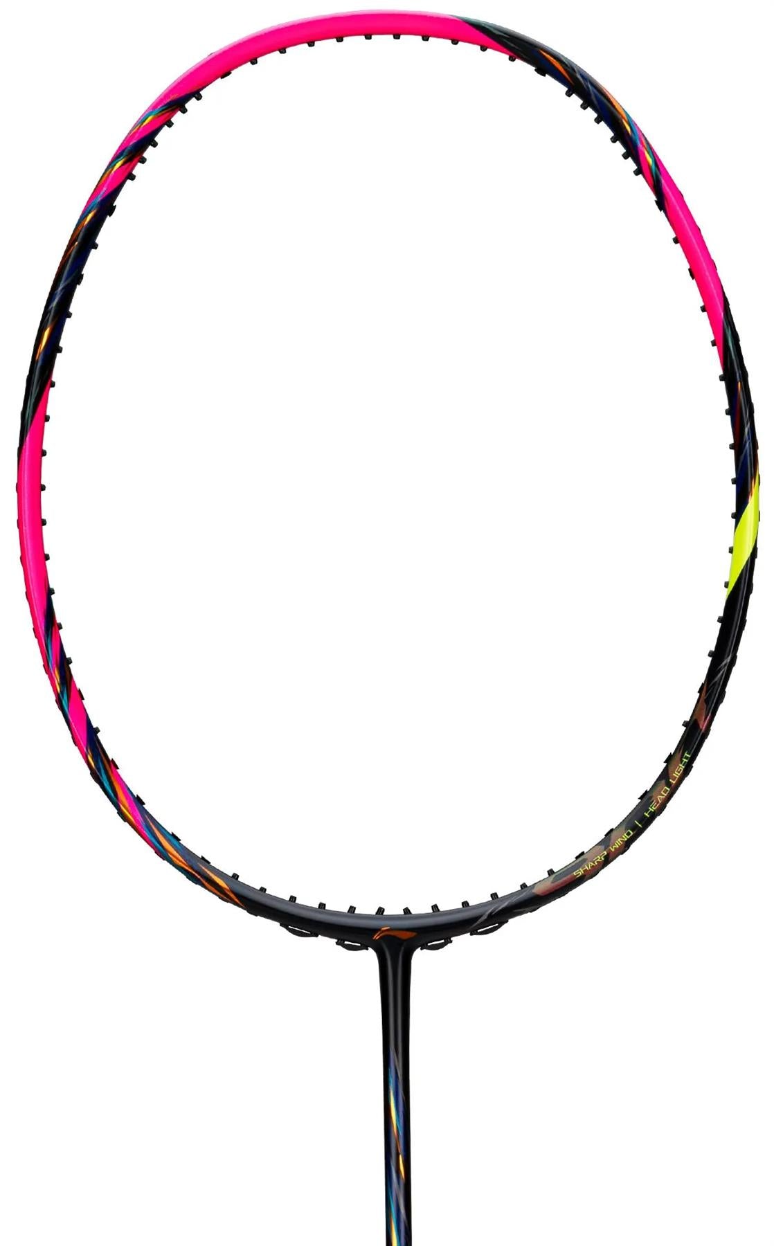 A close-up of the Li-Ning BladeX 900 3U Badminton Racket in fluorescent pink, featuring a colorful frame with black, yellow, and blue accents and TB NANO technology by Li-Ning, set against a plain white background.