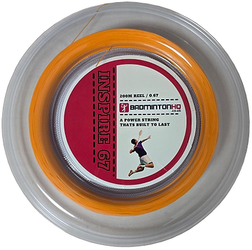 BadmintonHQ Inspire 67 Zoom Badminton String in neon orange is a durable, nylon multifilament 0.67mm string for racket stringing. Featured on the 200m reel packaging is a player illustration with the tagline "A power string that's built to last.