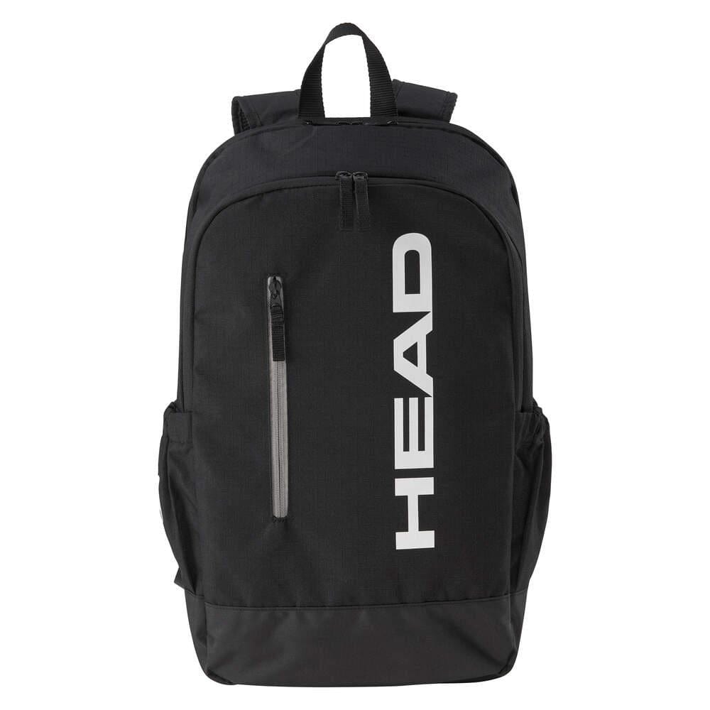 The HEAD BASE Badminton Backpack 17L - Black features two front zippers, “HEAD” in bold white letters, a top handle, two side pockets, and a dedicated racket compartment for convenience.