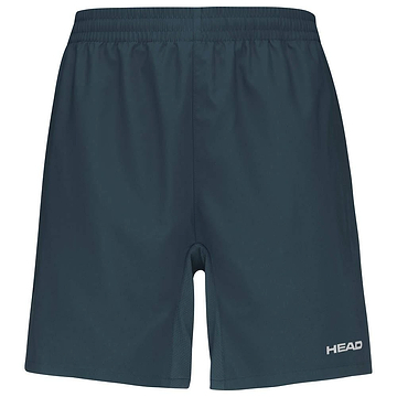 Navy badminton shorts from HEAD, featuring an elasticated waistband. They're made from breathable material and display a small white "HEAD" logo on the lower left leg.