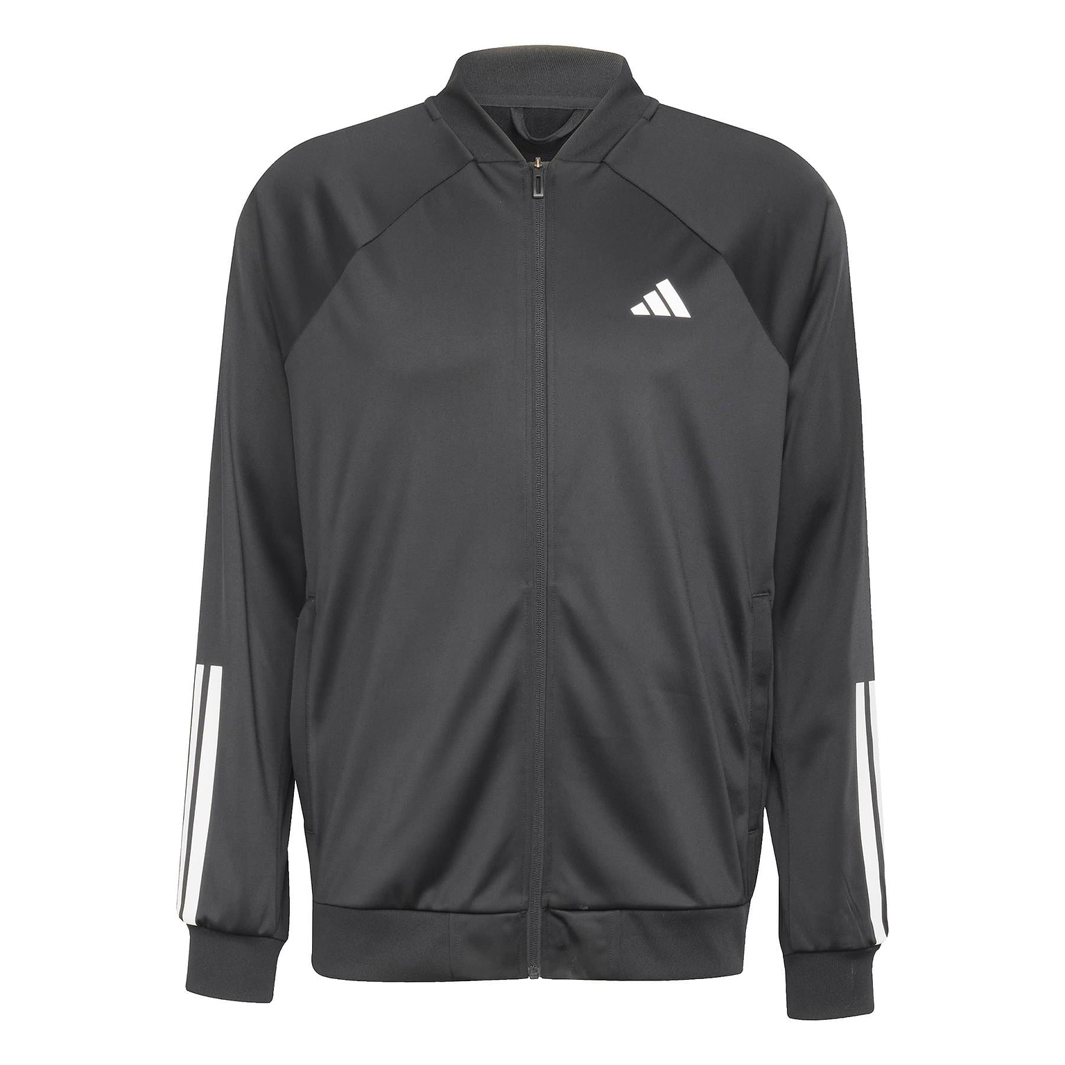 The ADIDAS Men's 3 Stripe Knit Badminton Jacket in black by adidas features a front zipper, iconic three white stripes on the sleeves, and a stylish chest logo. It includes a high collar and side pockets, making it an ideal choice for badminton enthusiasts.