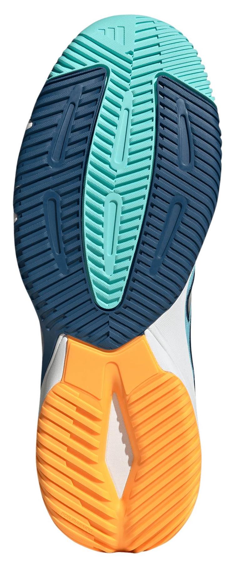 The image shows the sole of the adidas Crazyflight 6 Men's Indoor Badminton Shoes in navy, featuring textured blue, teal, and orange tread patterns for grip and flexibility—ideal for indoor courts.