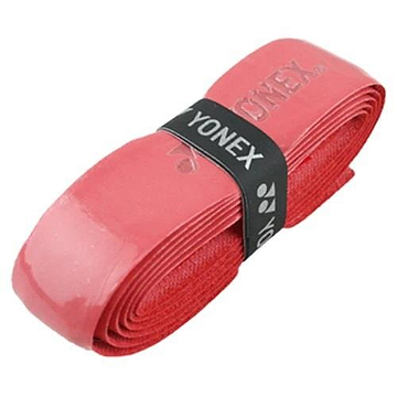 The Yonex AC420 Hi Soft Badminton Overgrip in red, celebrated for its exceptionally soft texture, is secured with a black band showcasing the Yonex logo in white.