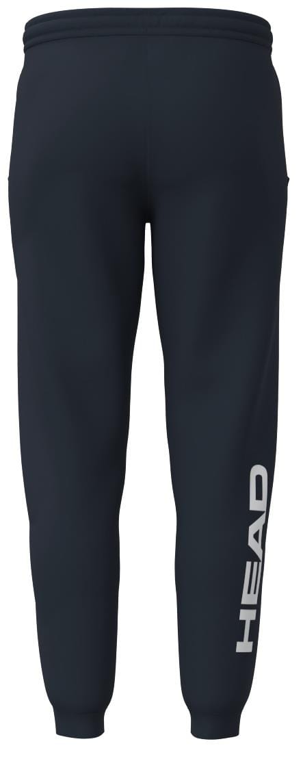 Navy athletic track pants shown from the back have "HEAD" in white capitals down the right leg. Made from soft French terry, these HEAD Club Original Men's Badminton Pants offer ultimate comfort and style with an elastic waistband and ribbed cuffs.