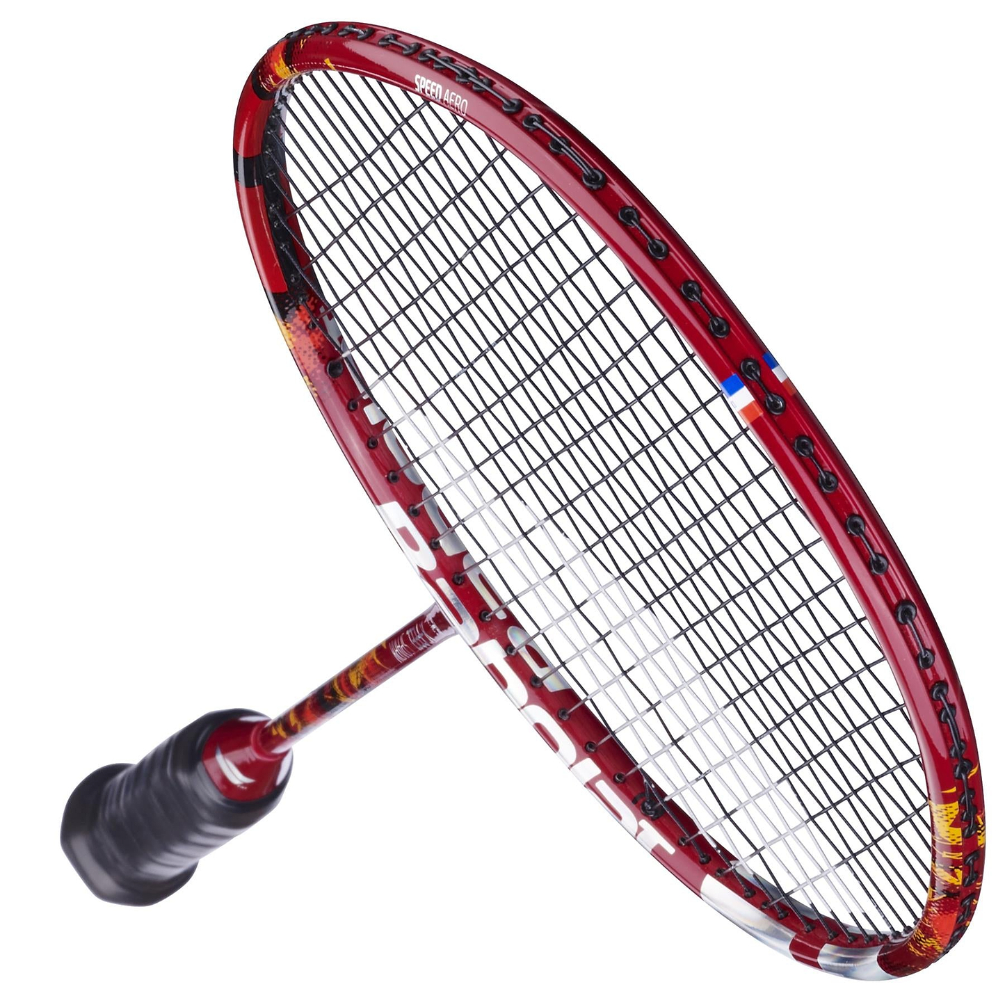 The Babolat X-Feel Spark 2026 3U Badminton Racket in red, shown diagonally with black strings and grip, showcases its power potential against a clean white background.