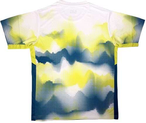 The Yonex YTM2025A Mens Badminton T-Shirt features performance fabric and a gradient pattern of yellow, dark blue, and white dots for an abstract, dynamic back design. Brand: Yonex. Color: White.