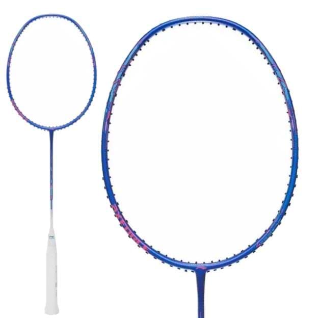 A close-up of the Li-Ning Axforce 20 4U Badminton Racket in Gulf Blue against a white background. It has a sleek frame with black strings and a white handle, offering explosive power due to its head-heavy balance.