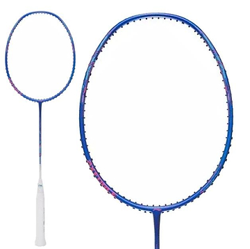 A close-up of the Li-Ning Axforce 20 4U Badminton Racket in Gulf Blue against a white background. It has a sleek frame with black strings and a white handle, offering explosive power due to its head-heavy balance.