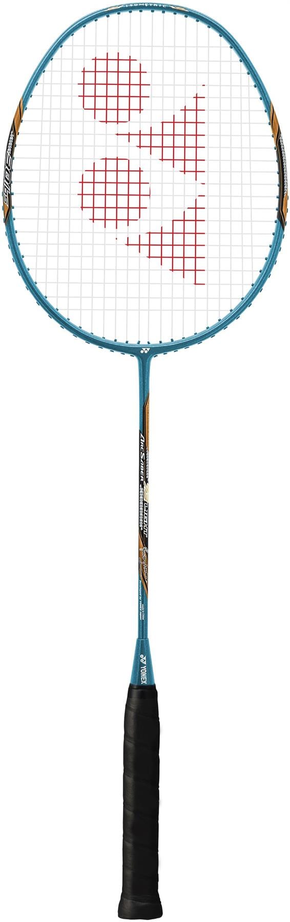 The Yonex Arcsaber 73 Light 5U Badminton Racket - Aqua Blue features a black grip, white strings with a red logo, and offers all-round lightweight performance—ideal for versatile players.