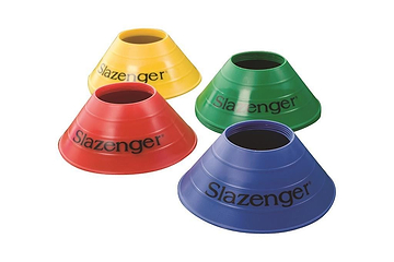 A set of four colorful Slazenger Badminton Training Cones, each proudly displaying the Slazenger logo, is gathered together. Ideal for any training session, these cones feature attention-grabbing colors such as yellow, green, blue, and red.