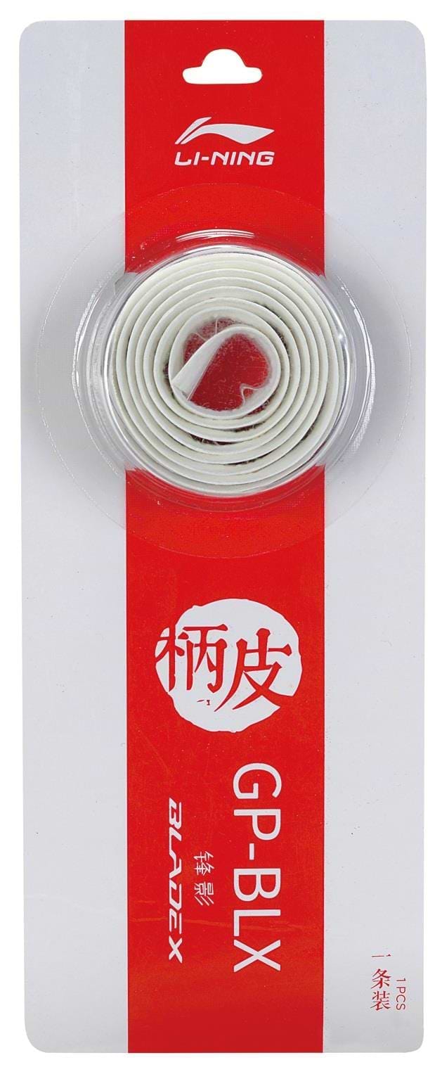 The Li-Ning GP-BLX Badminton Grip in white boasts cushioned grip technology and is embellished with Chinese characters. Its striking red and white packaging makes it an ideal replacement for high-performance play.