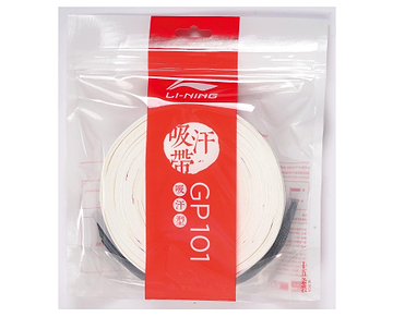 The Li-Ning GP101 Badminton Overgrip - 15 Pack - White is in a clear plastic package. Its red and white design, featuring Chinese characters and the brand logo, showcases the coiled grip inside.