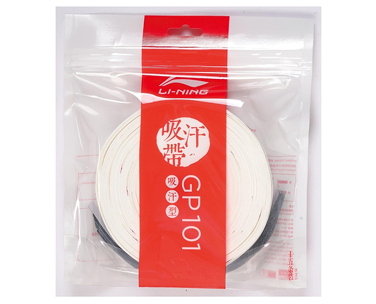 The Li-Ning GP101 Badminton Overgrip - 15 Pack - White is in a clear plastic package. Its red and white design, featuring Chinese characters and the brand logo, showcases the coiled grip inside.