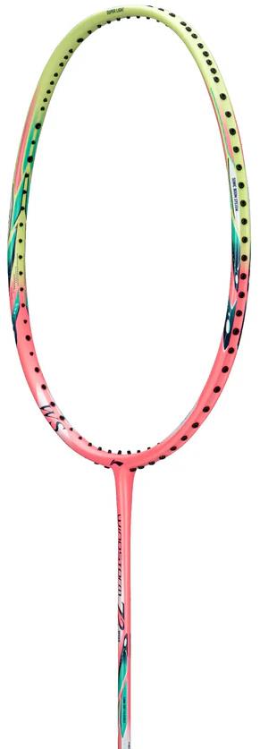 A close-up of the lightweight Li-Ning Windstorm 72 Speed 6U Badminton Racket - Light Pink, featuring a pink and yellow frame with green accents, shown vertically without strings. Enhanced with TB Nano Technology for superior performance.