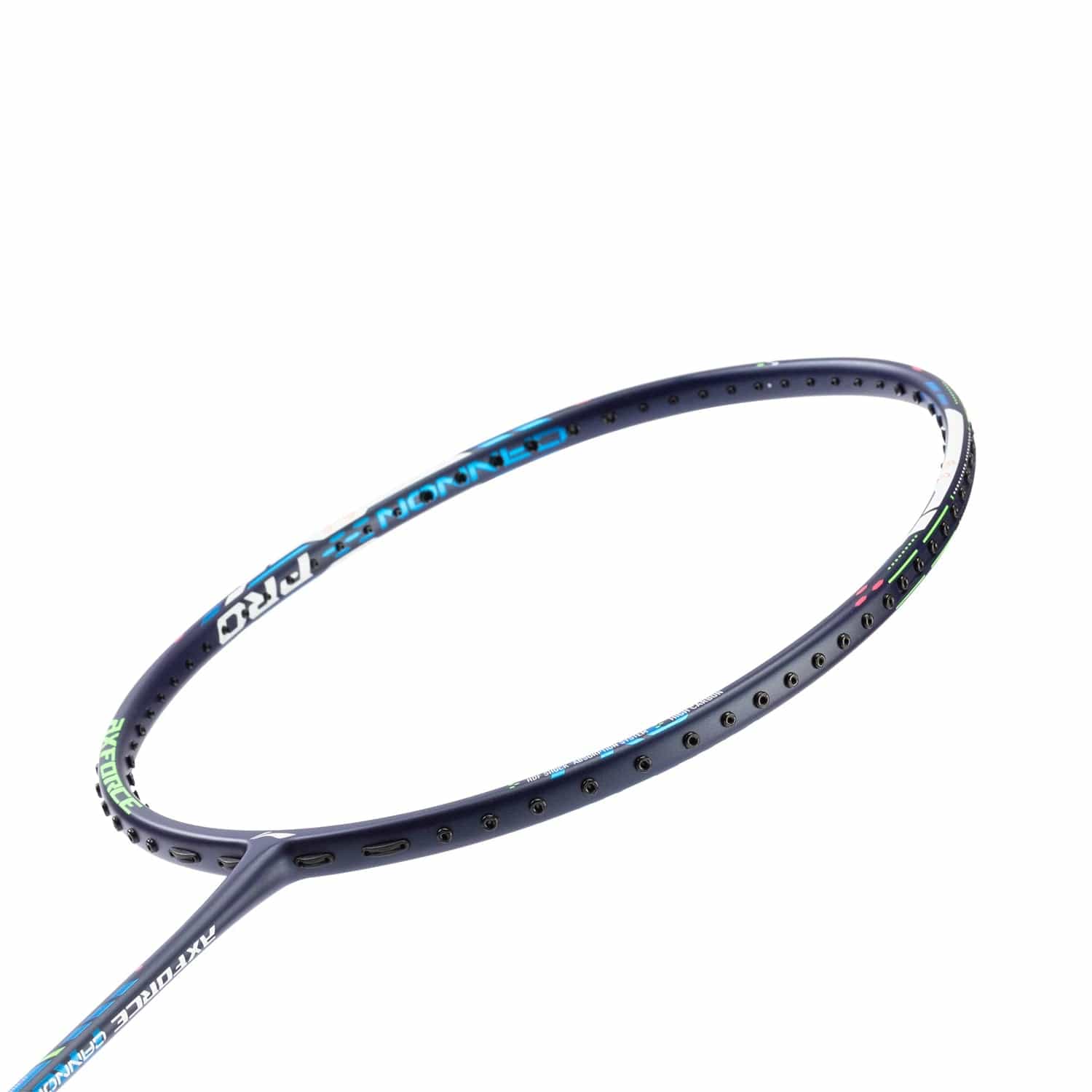 The close-up image showcases the Li-Ning Axforce Cannon Pro 4U Badminton Racket - Blue, highlighting its sleek, curved frame with a dark blue finish and subtle green and blue accents. The minimalist design enhances its advanced shock absorption system, though the strings are not visible.