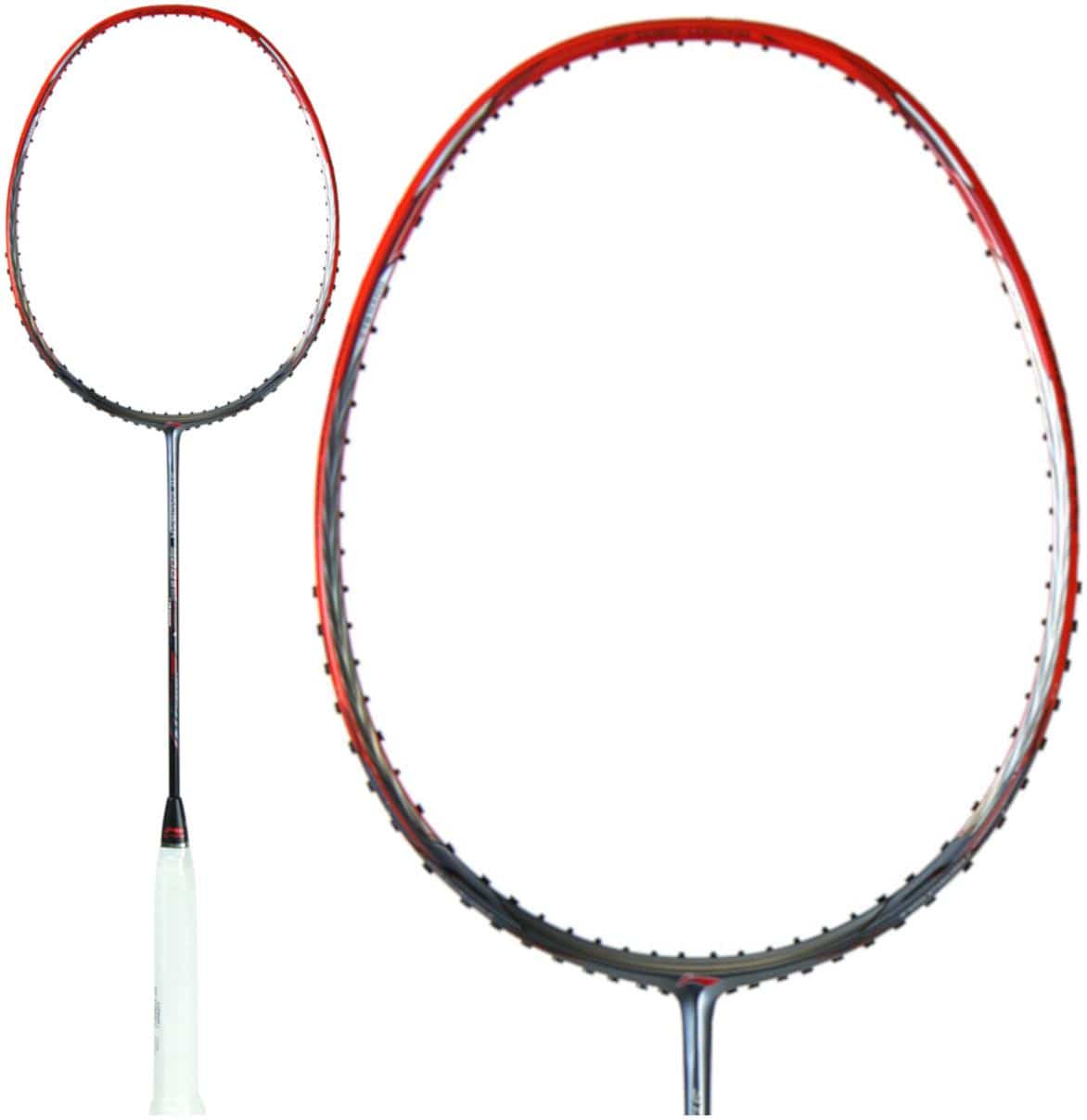 Close-up of a Li-Ning 3D Calibar 900 Boost Badminton Racket showcasing a black and red frame. The grip is wrapped with white tape. The main image features the entire racket, while a zoomed-in section highlights the Dynamic-Optimum Frame featuring 3D Calibar Technology for enhanced performance.