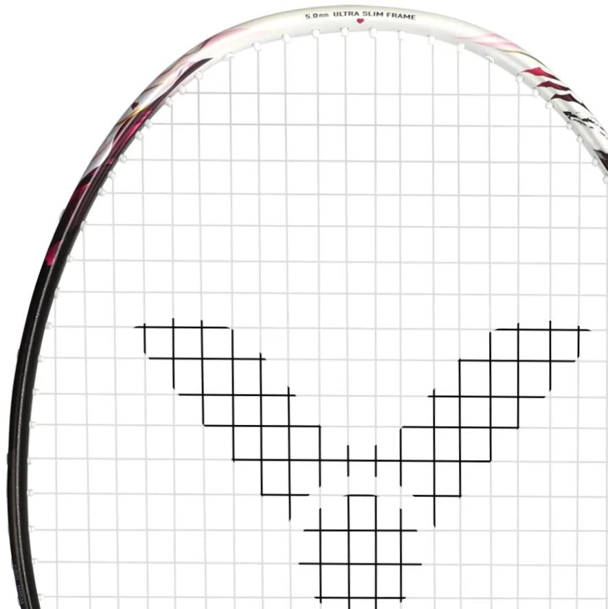 Close-up of the Victor Auraspeed Fantôme AF 4U Badminton Racket by Victor, featuring a black frame, black strings with a bold "V" pattern in the center, and advanced Nano Aerogel technology.