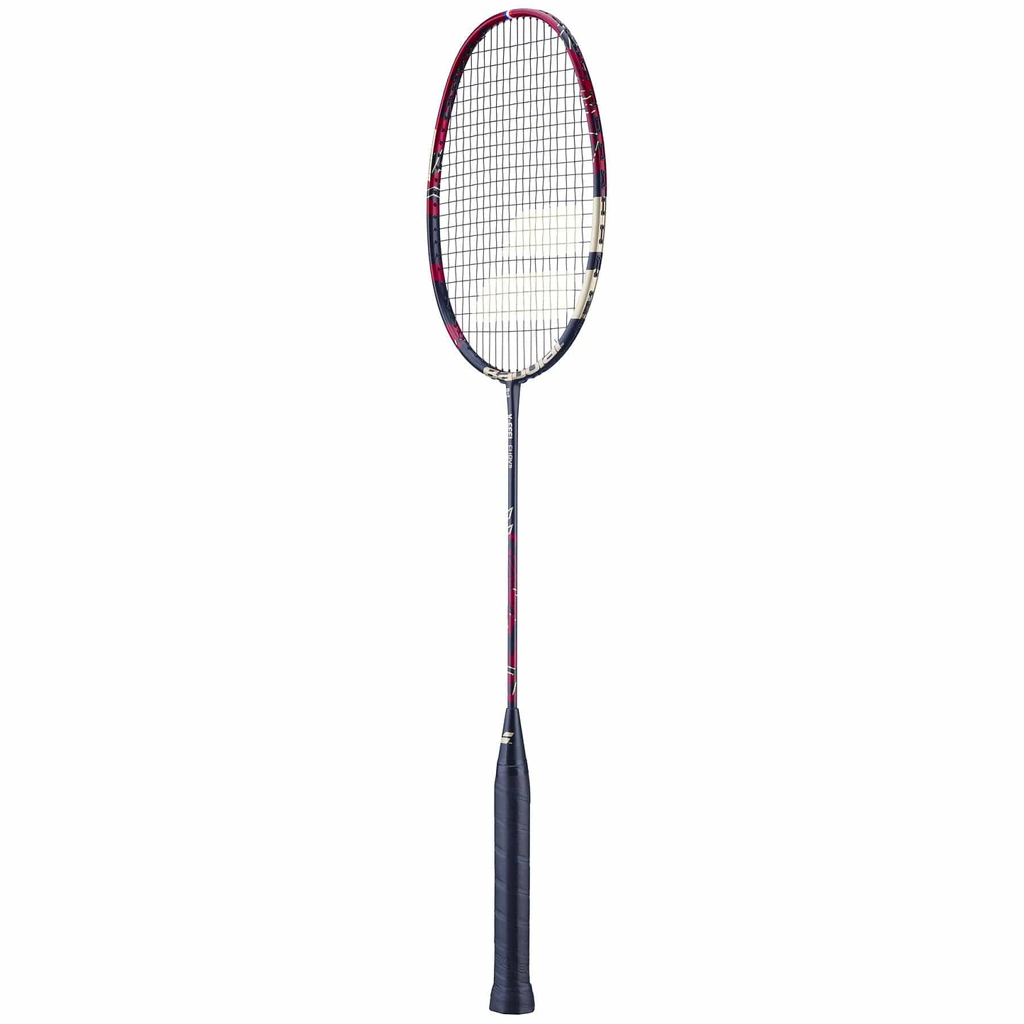 The Babolat X-Feel Fury badminton racket features a striking red and black frame with a grid-like string pattern to enhance power transmission. It is equipped with a handle wrapped in black grip tape for ultimate comfort. Captured against a simple white background, this racket from Babolat seamlessly blends style and performance.