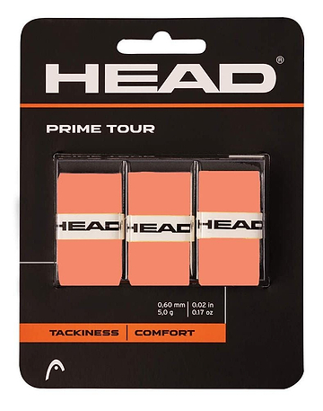 The HEAD Prime Tour Badminton Overgrip 3 Pack in Salmon offers three grips with a stylish black and white band, featuring "HEAD" across the center. These grips are designed for badminton or tennis, providing enhanced tackiness and comfort for an improved playing experience.