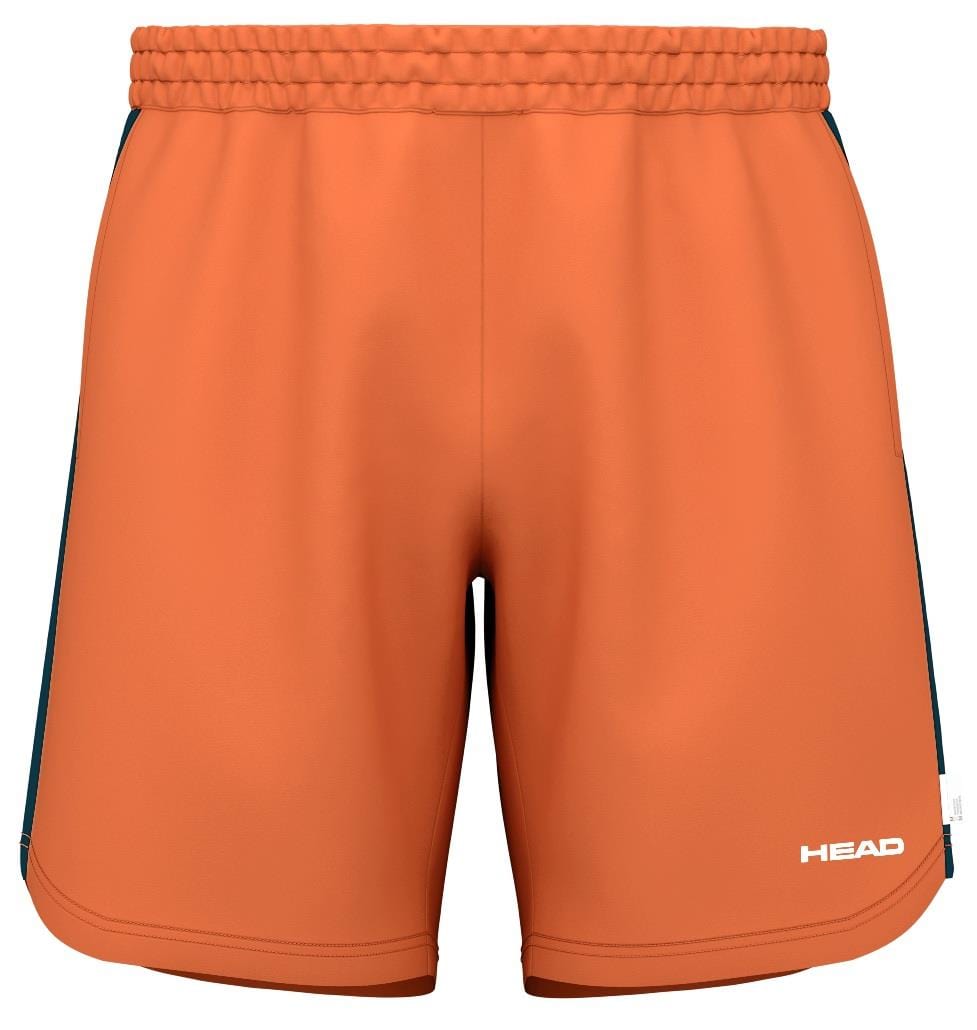 The HEAD Power Men's Badminton Shorts feature an elastic waistband, "HEAD" branding on the lower right leg, dark side panels, and moisture transfer technology for all-day comfort. Perfect for badminton enthusiasts or casual wearers.