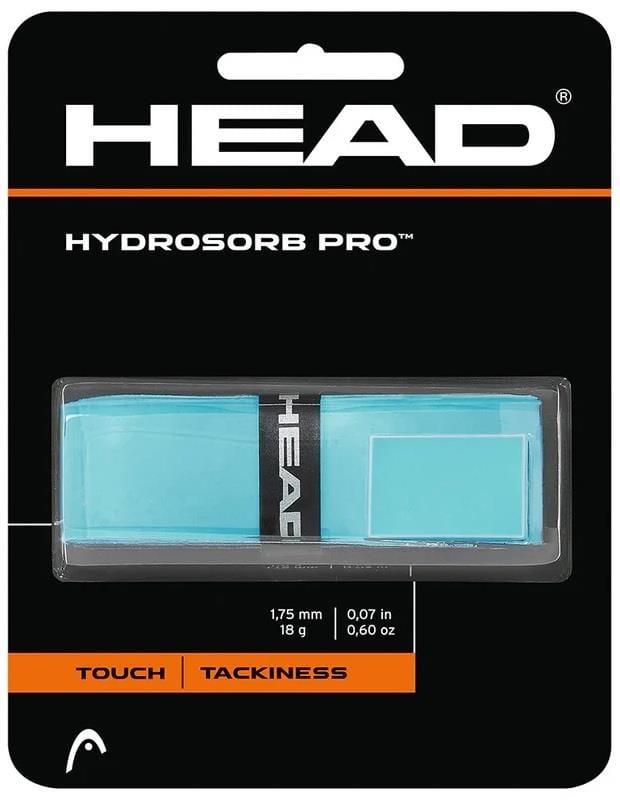 The HEAD HydroSorb Pro Replacement Badminton Grip in Celeste offers an enhanced feel with one super tacky grip. It's 1.75 mm thick and weighs 18 g, with "touch" and "tackiness" clearly marked on the packaging for easy reference.